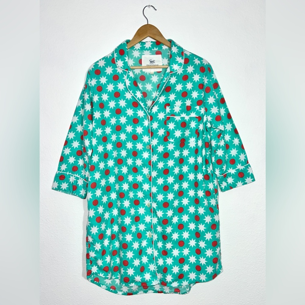 Printfresh Pajama Nightgown Aqua Organic Cotton Pockets XS Relaxed Fit